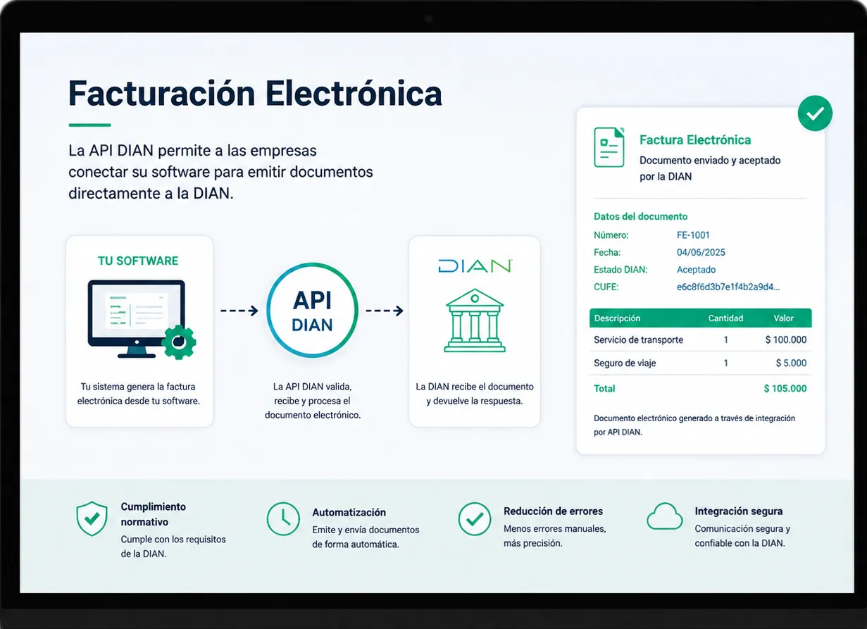Esquema del flujo de facturación electrónica: el software de la empresa envía el documento a la API DIAN, que lo valida y devuelve la factura aceptada.